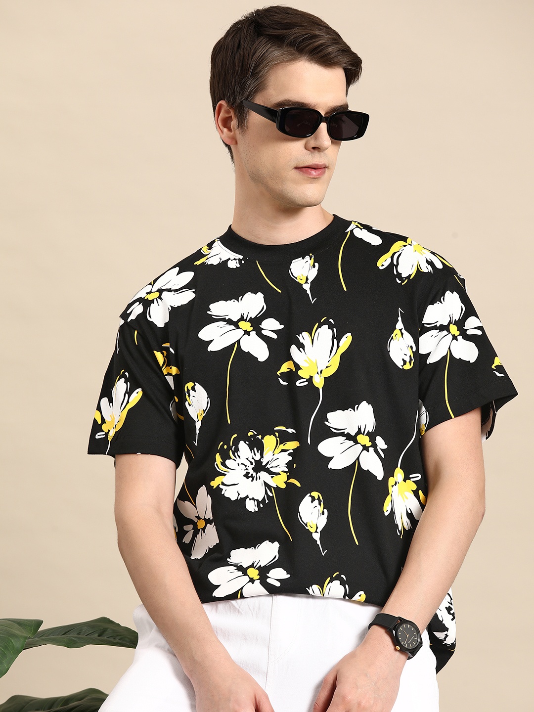 

Mast & Harbour Floral Printed Round Neck T-shirt, Black