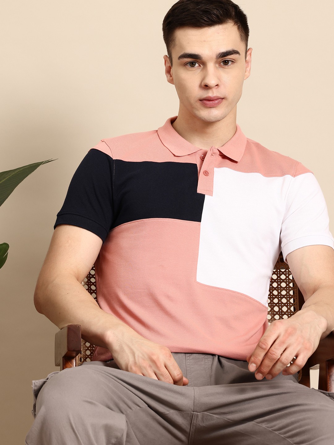 

Mast & Harbour Colourblocked Polo-Collar T-shirt, Pink