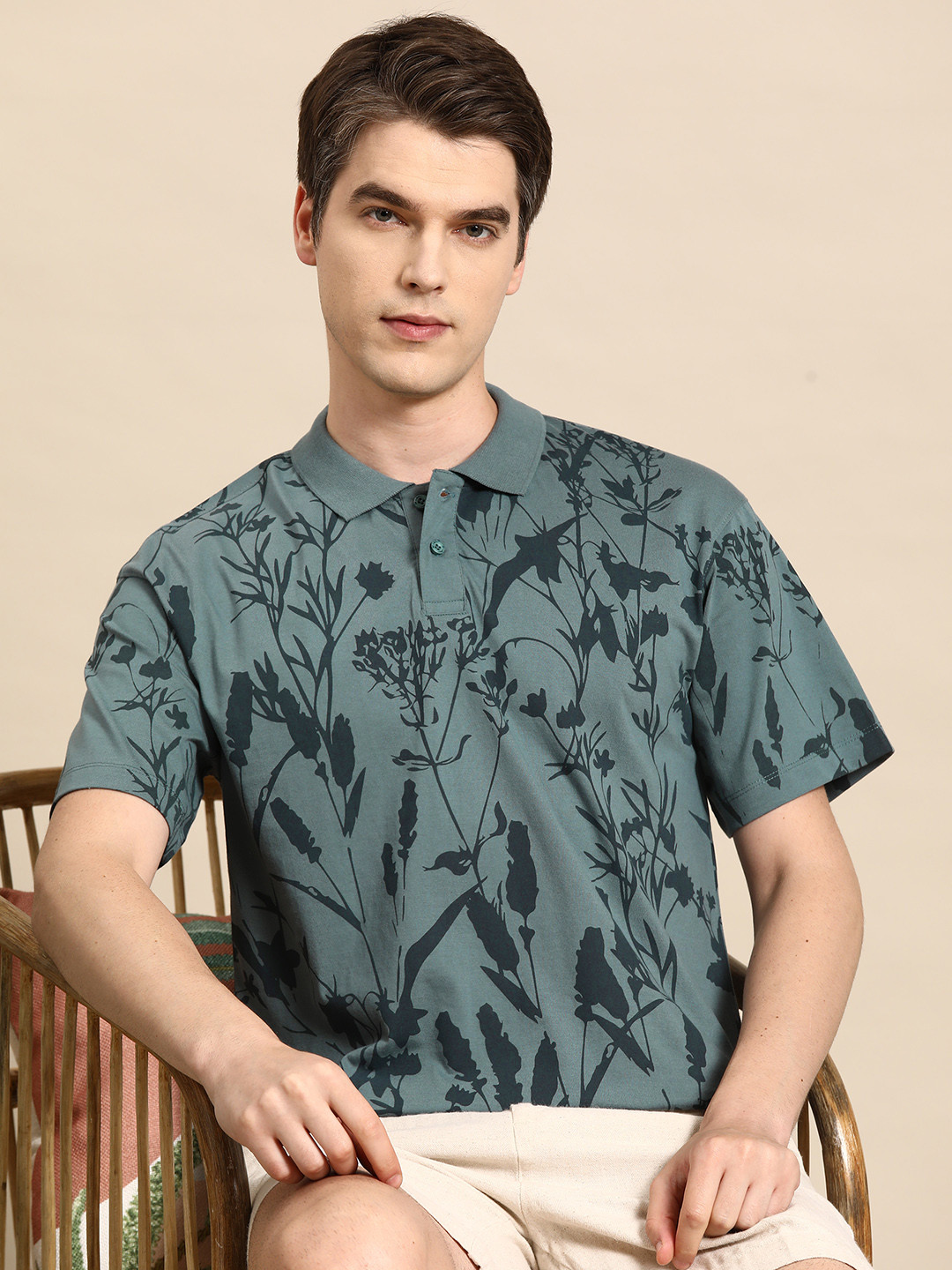 

Mast & Harbour Floral Printed Relaxed Polo Collar T-shirt, Green