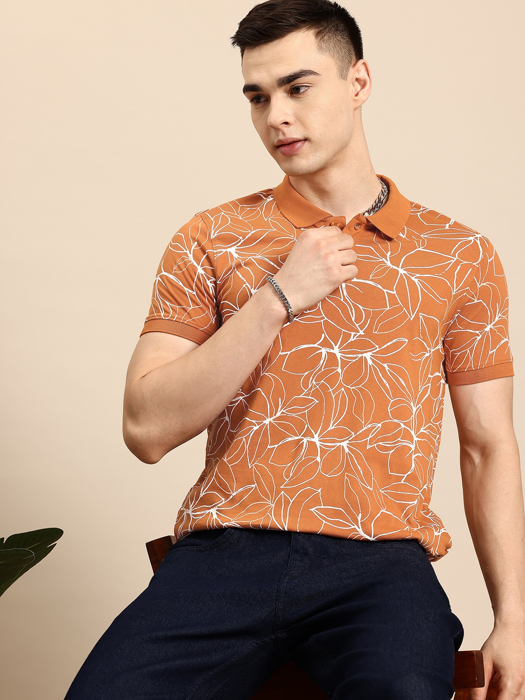 

Mast & Harbour Floral Print Polo Collar T-shirt, Rust