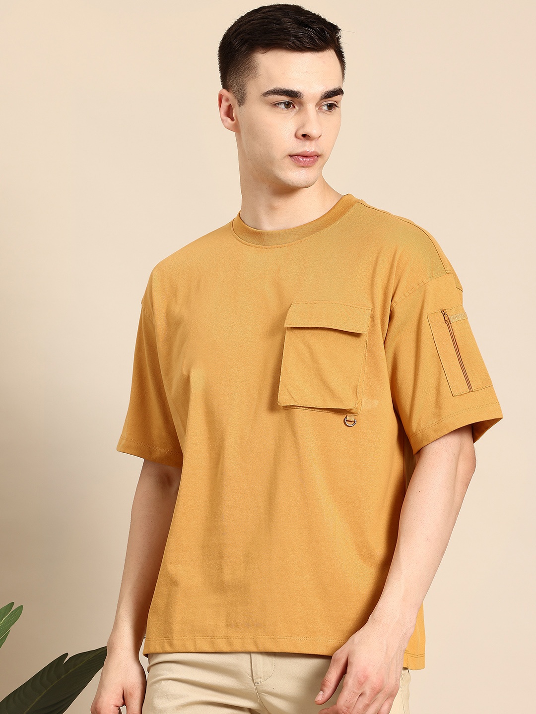 

Mast & Harbour Round Neck Drop-Shoulder Sleeves T-shirt, Mustard