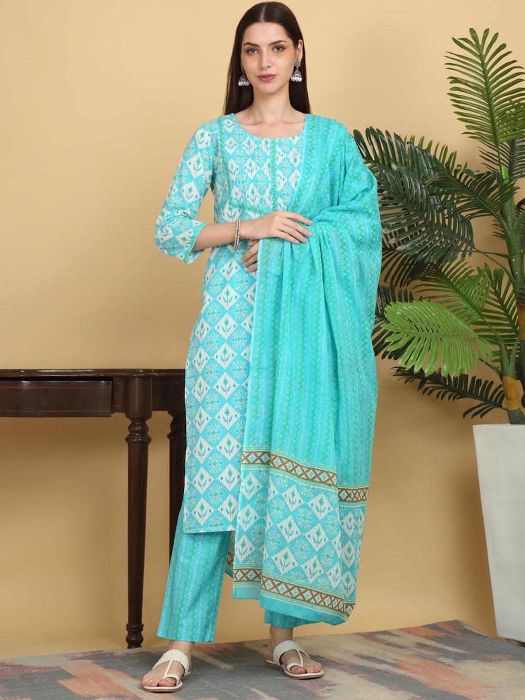 

KALINI Floral Printed Regular Beads and Stones Pure Cotton Kurta With Trousers & Dupatta, Blue