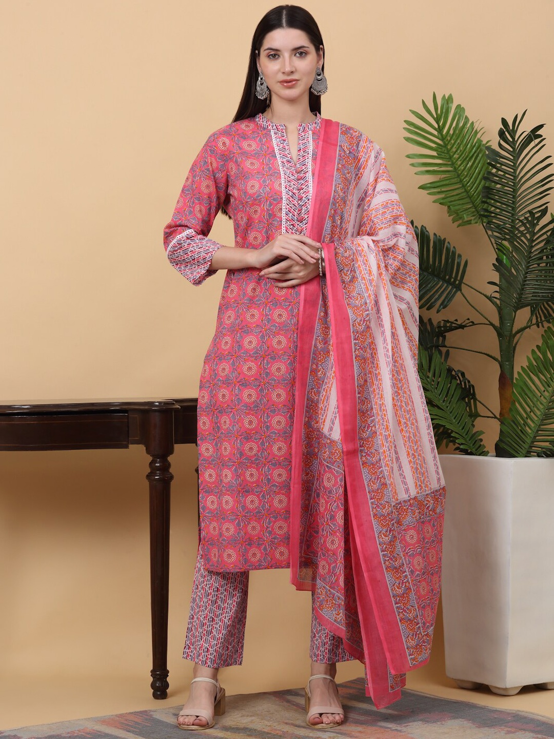 

KALINI Ethnic Motifs Mandarin Collar Regular Sleeves Cotton Kurta With Trousers & Dupatta, Pink