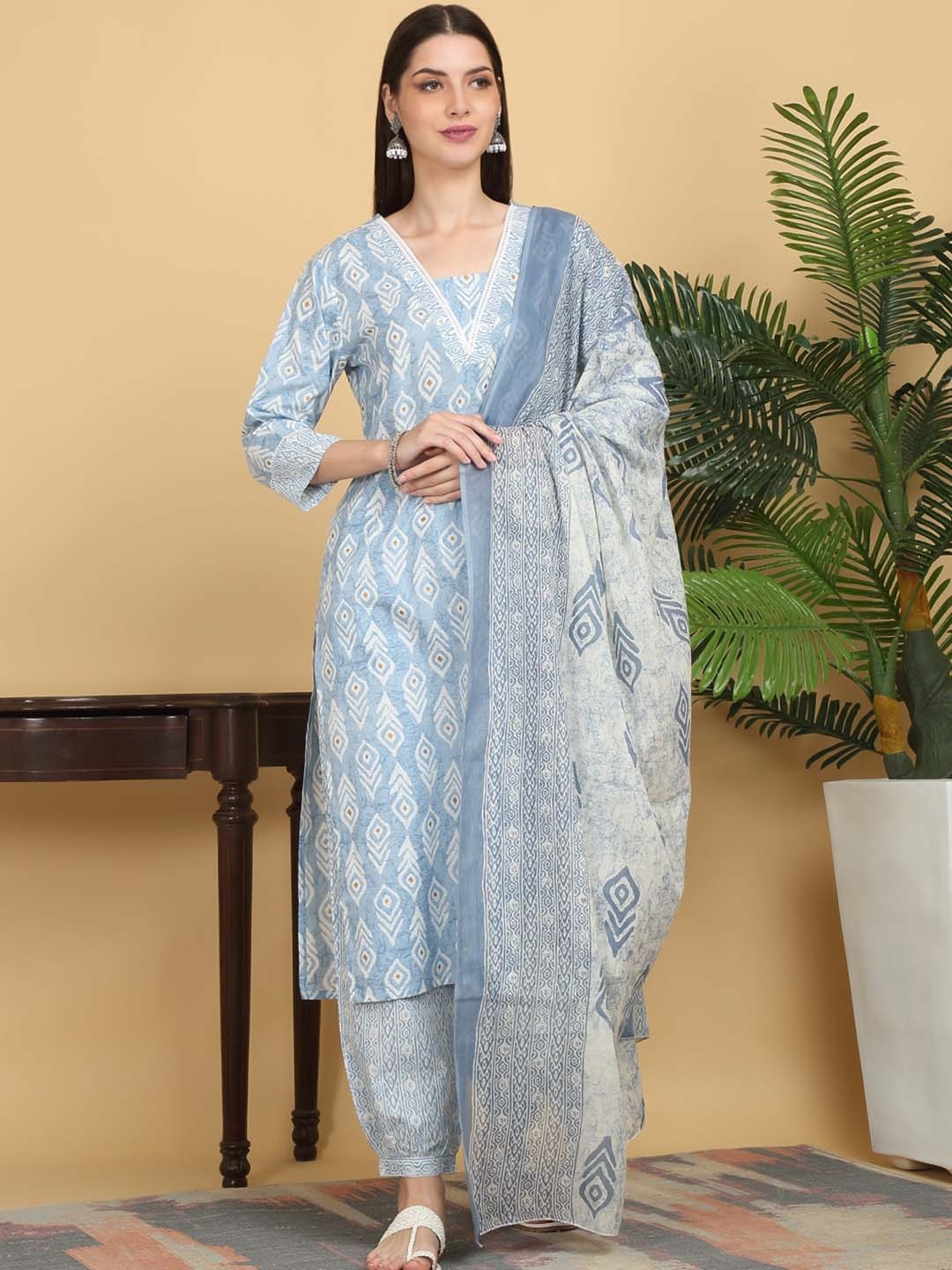 

KALINI Floral Printed Regular Pure Cotton Kurta With Trousers & Dupatta, Grey melange