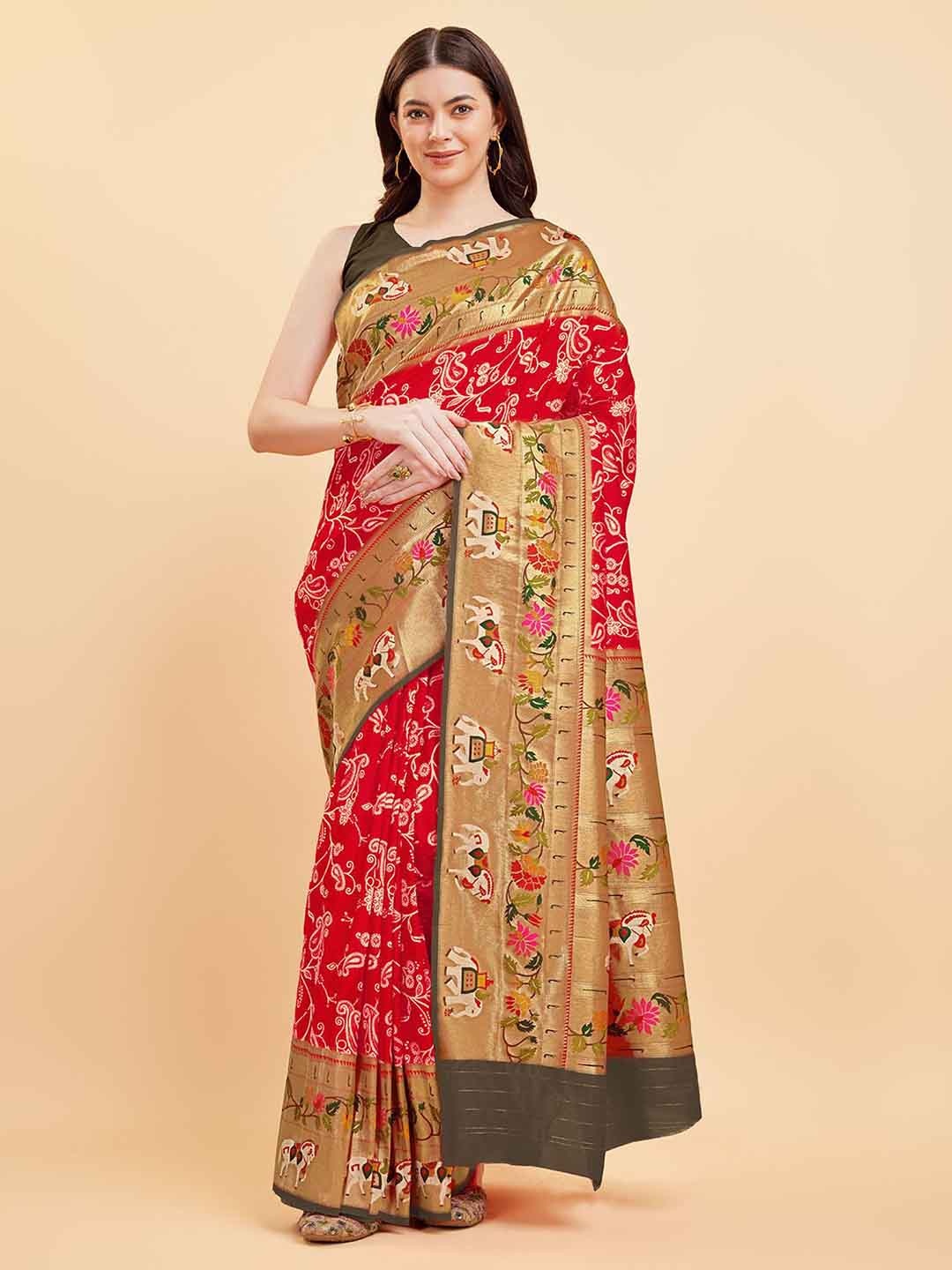 

Tasarika Ethnic Motifs Zari Pure Silk Saree, Red