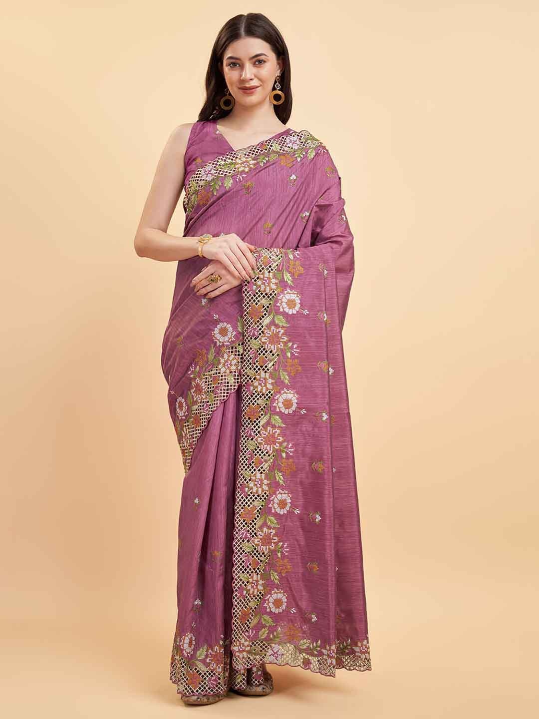 

Tasarika Floral Embroidered Pure Silk Saree, Lavender