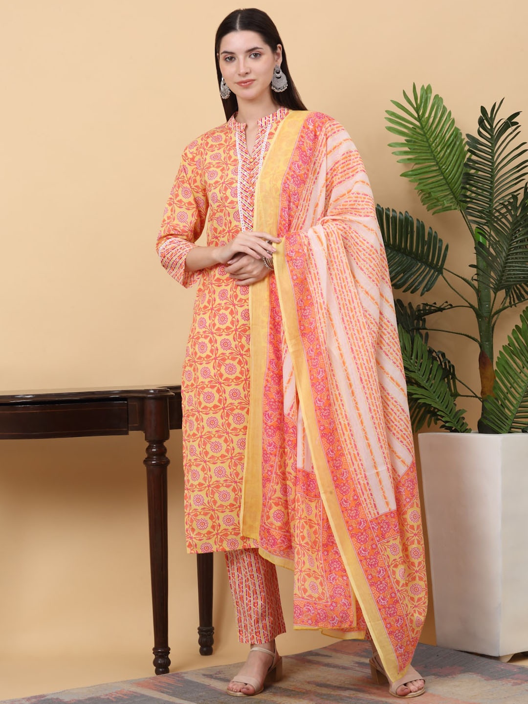 

KALINI Floral Printed Regular Pure Cotton Kurta With Trousers & Dupatta, Yellow