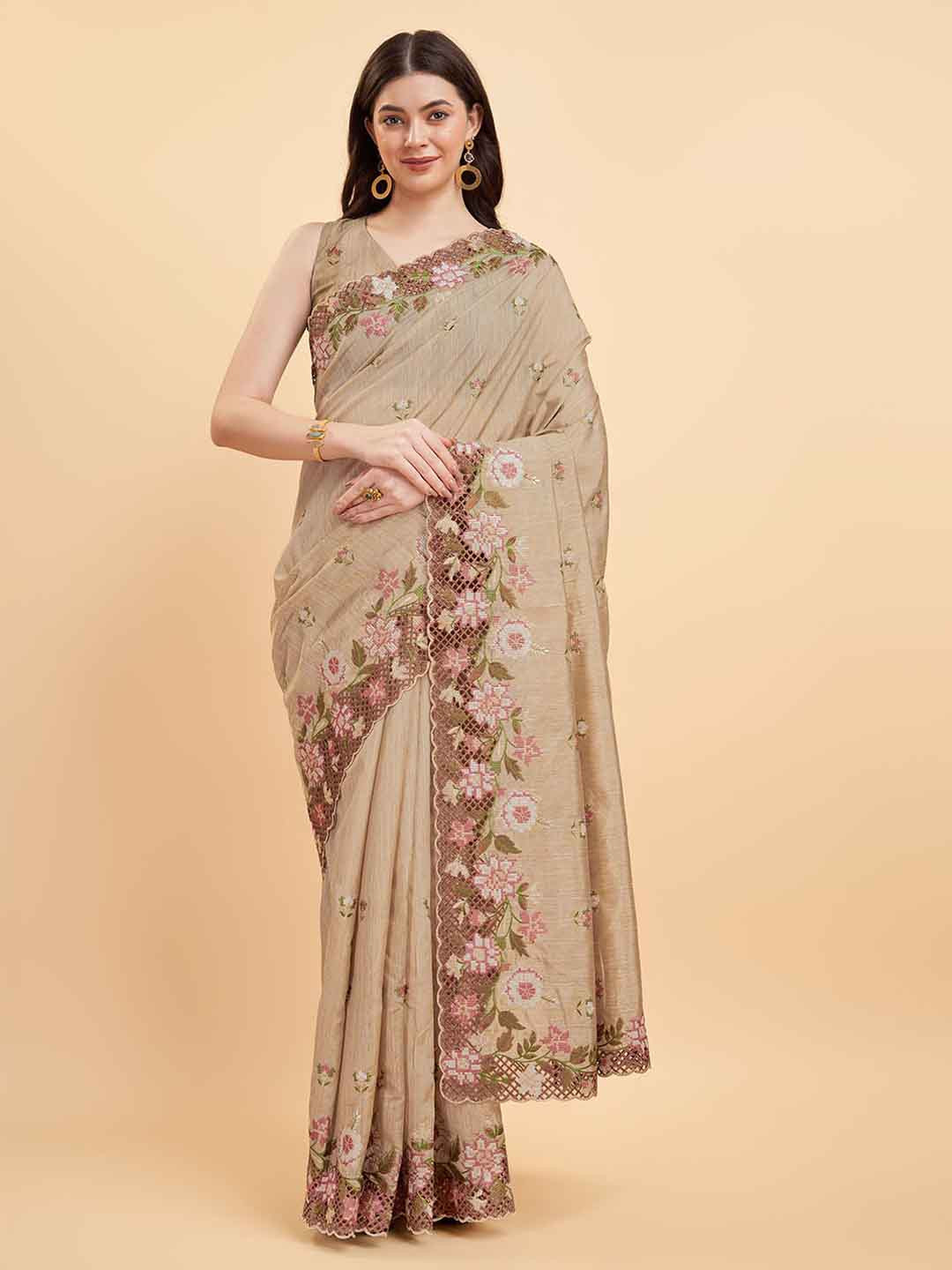

Tasarika Floral Embroidered Pure Silk Saree, Cream