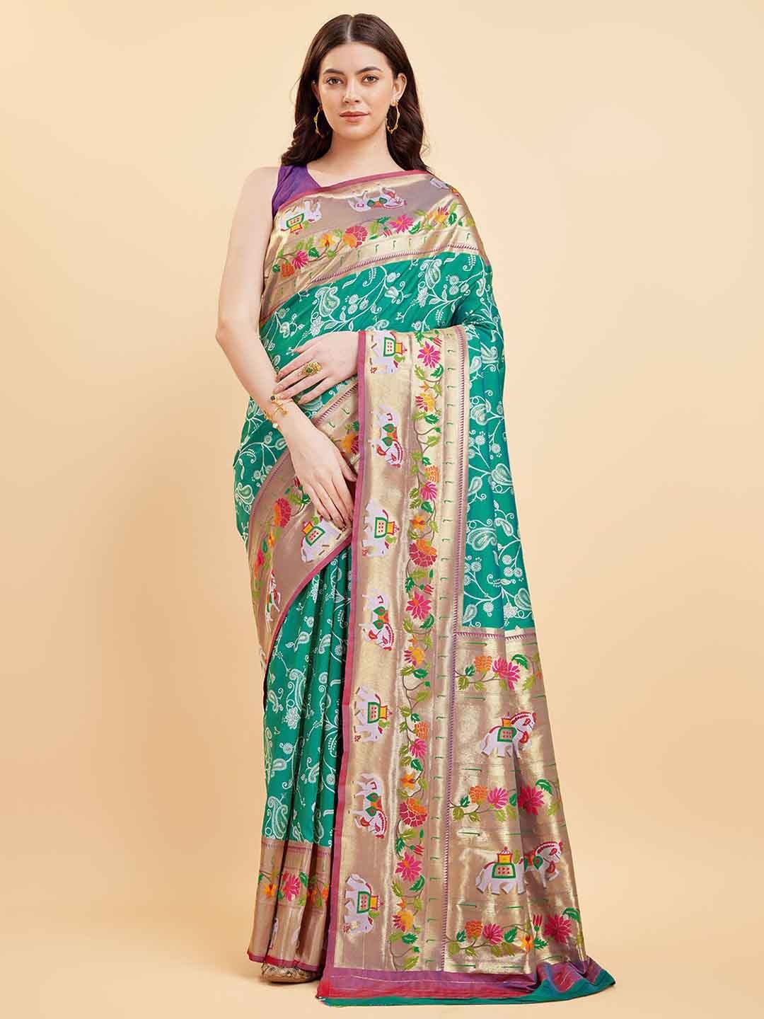 

Tasarika Ethnic Motifs Zari Pure Silk Saree, Sea green