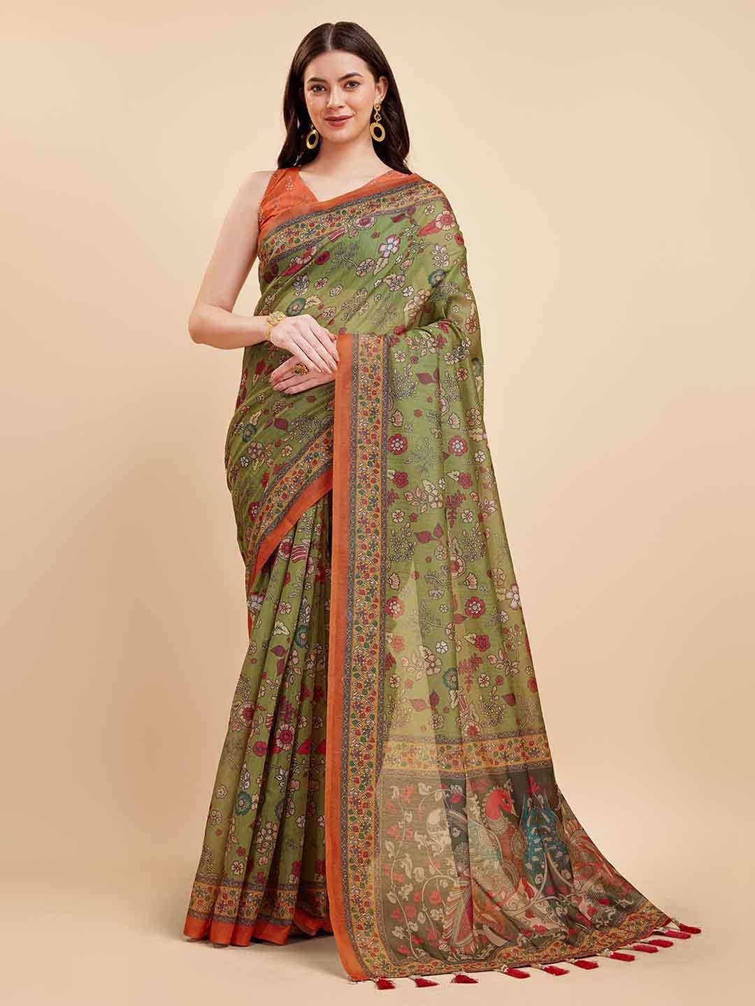 

Tasarika Ethnic Motifs Printed Silk Cotton Saree, Green
