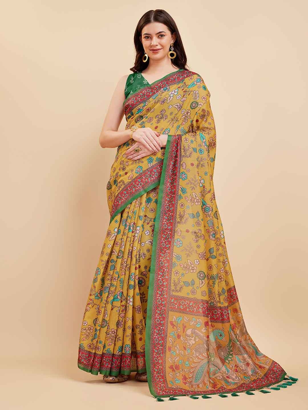 

Tasarika Floral Silk Cotton Saree, Yellow
