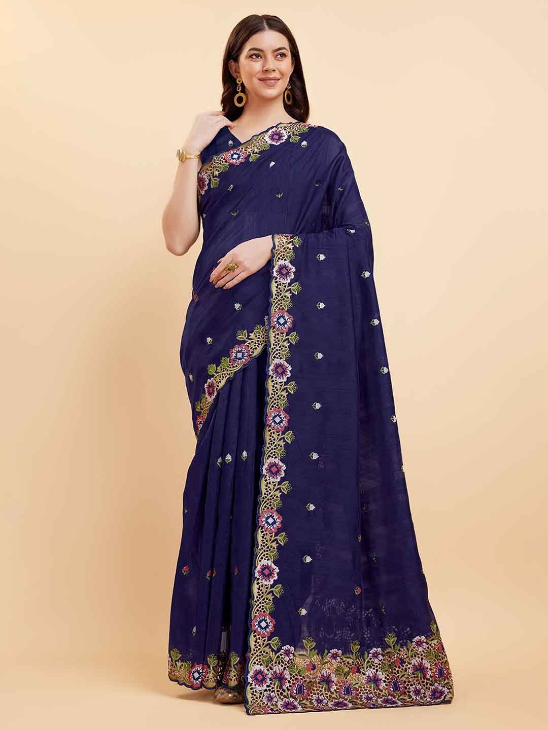 

Tasarika Floral Pure Silk Heavy Work Saree, Navy blue
