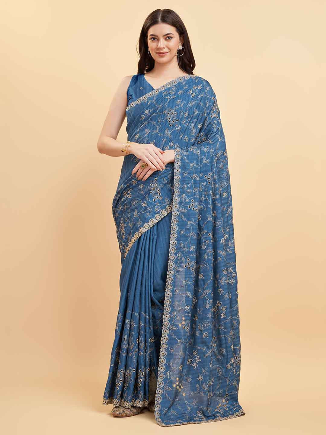 

Tasarika Floral Embroidered Pure Silk Saree, Blue