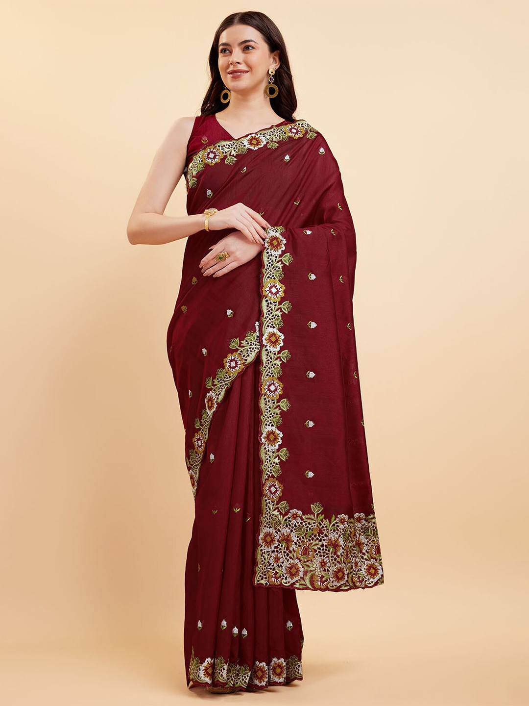 

Tasarika Ethnic Motifs Embroidered Pure Silk Saree, Red