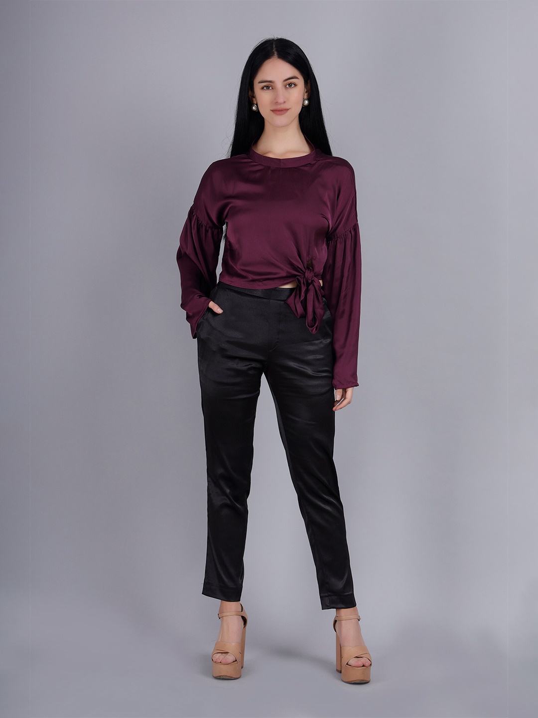 

indy Raaga Round Neck Puff Sleeves Waist Tie Ups Satin Top, Violet