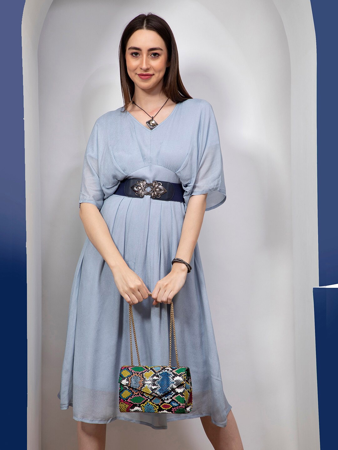 

indy Raaga Kimono Sleeves Crepe Empire Midi Dress, Blue
