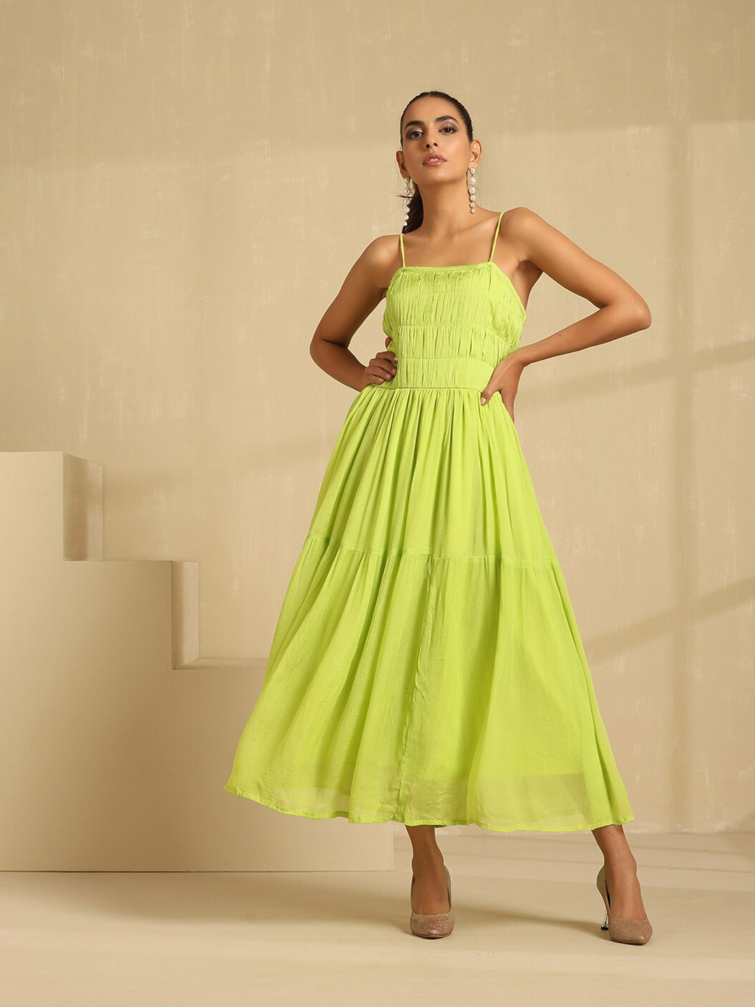 

indy Raaga Sleeveless Tiered Chiffon Maxi Fit and Flare Dress, Fluorescent green