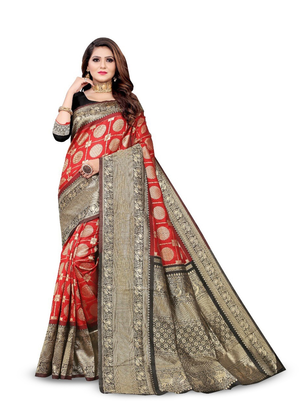 

NIWAA Ethnic Motifs Woven Design Zari Saree, Red