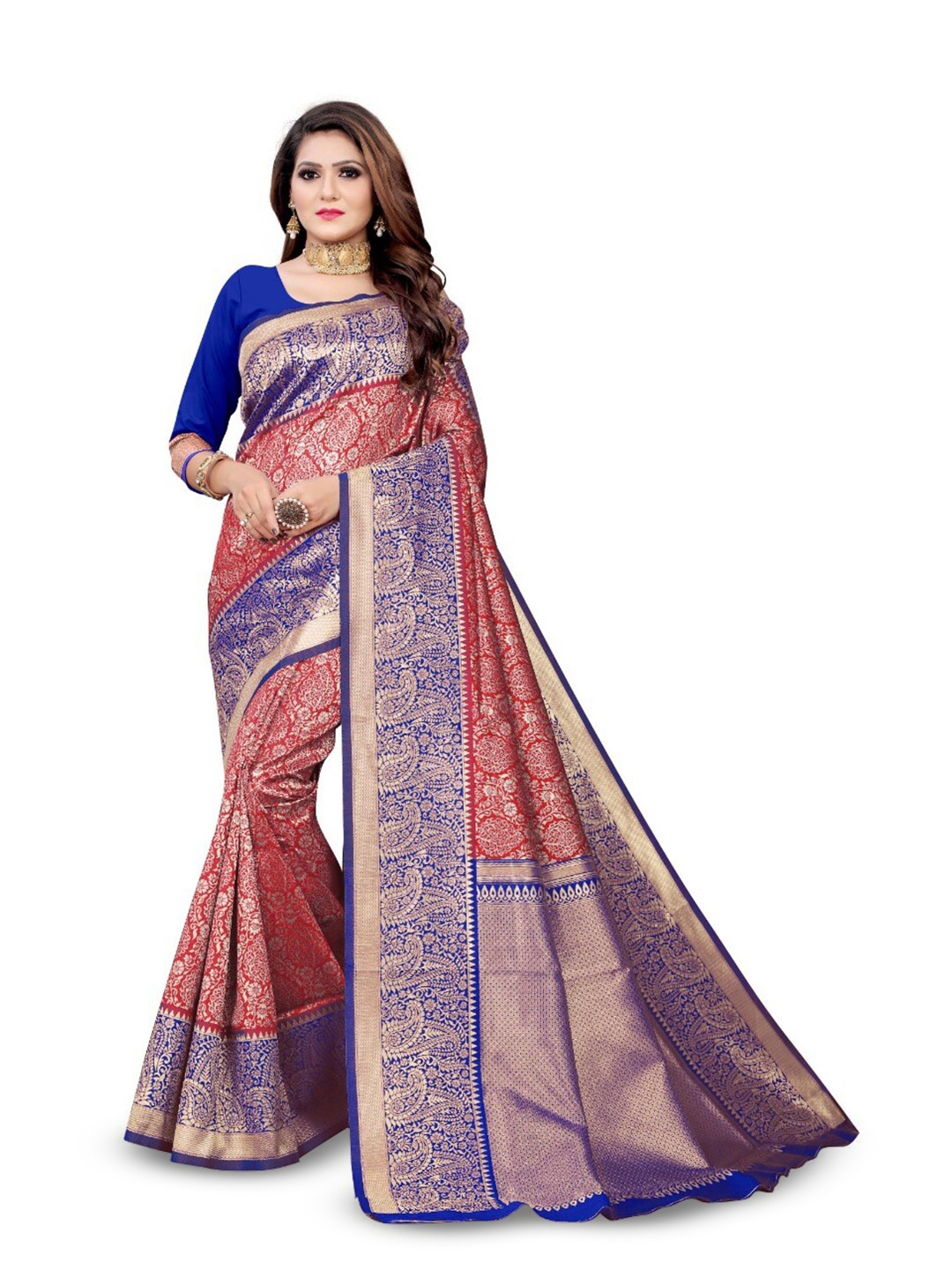 

NIWAA Ethnic Motifs Woven Design Zari Saree, Red
