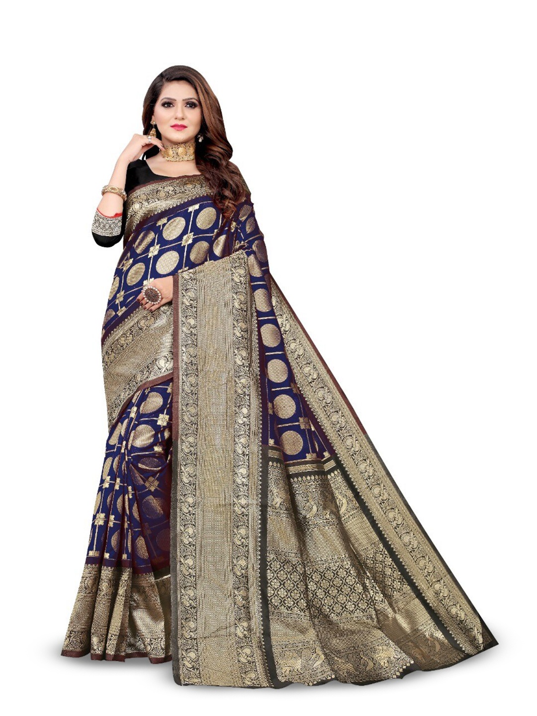 

NIWAA Ethnic Motifs Woven Design Zari Saree, Navy blue