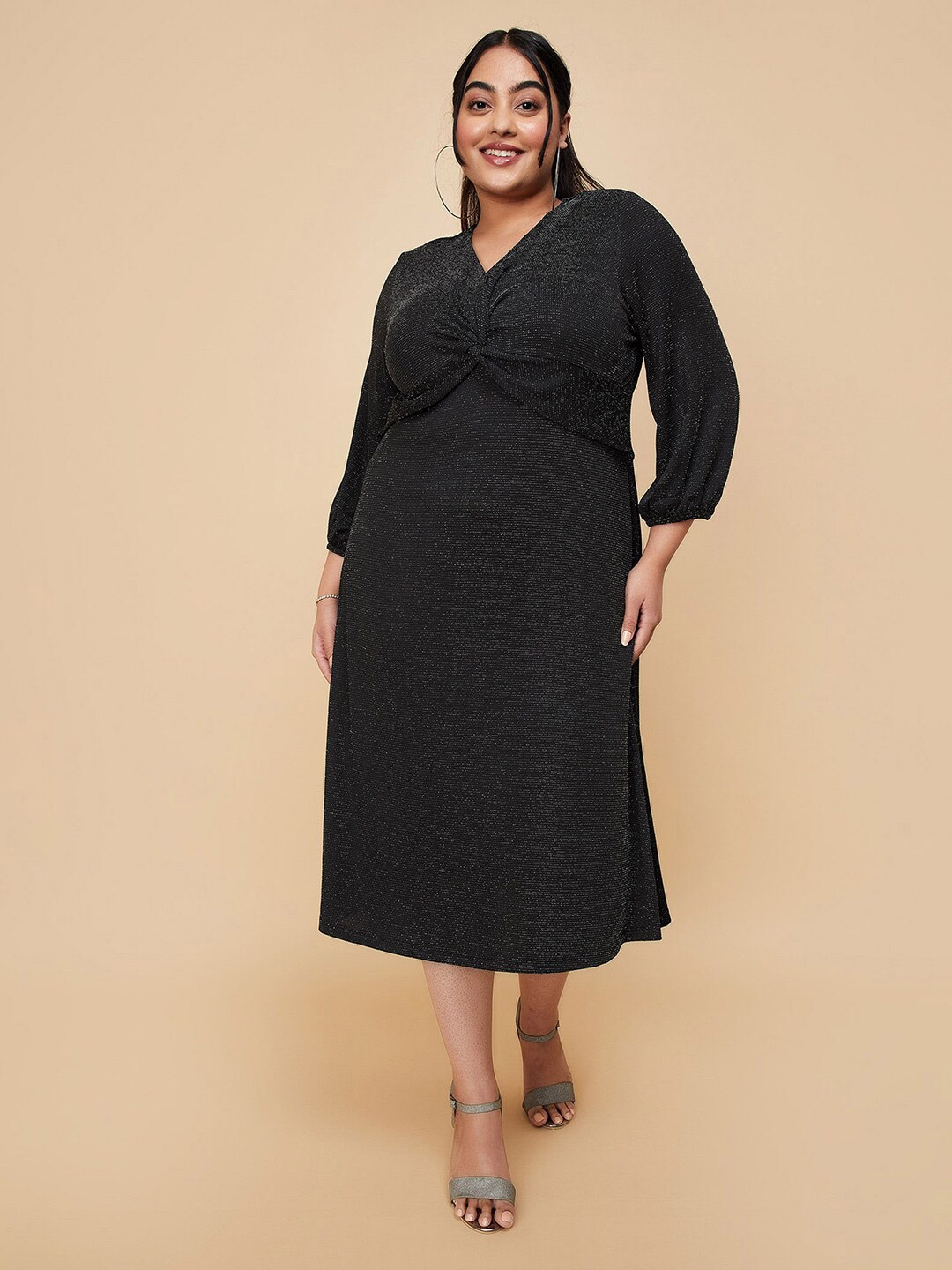 

max Self Design V-Neck A-Line Midi Dress, Black