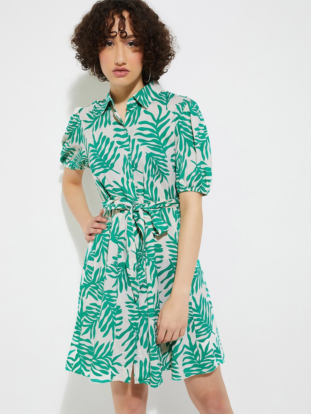 

max URB_N Women Tropical Printed Puff Sleeve Shirt Midi Dress, Grey