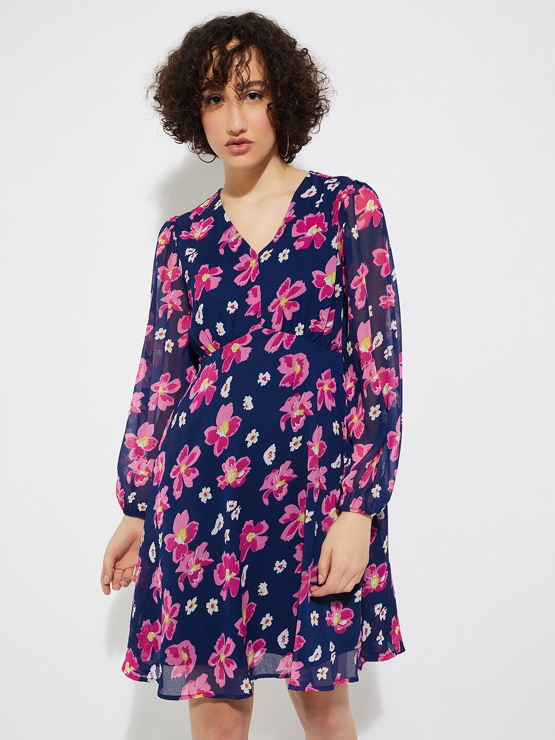 

max URB_N Floral Printed V-Neck Puff Sleeve A-Line Dress, Navy blue