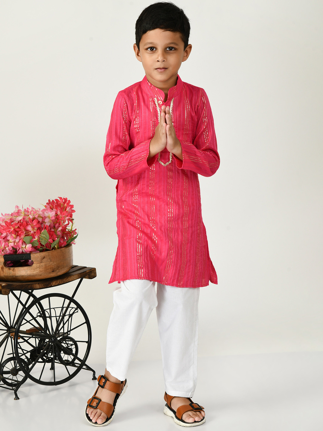 

BAESD Boys Striped Printed Mandarin Collar Long Sleeves Pure Cotton Kurta Set, Pink