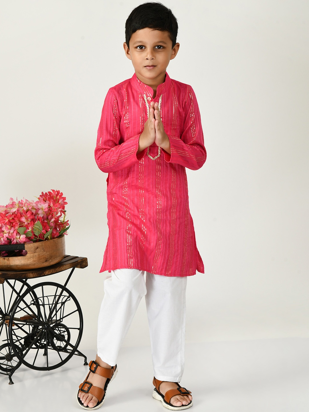 

BAESD Boys Striped Mandarin Collar Long Sleeves Pure Cotton Kurta with Trousers, Pink