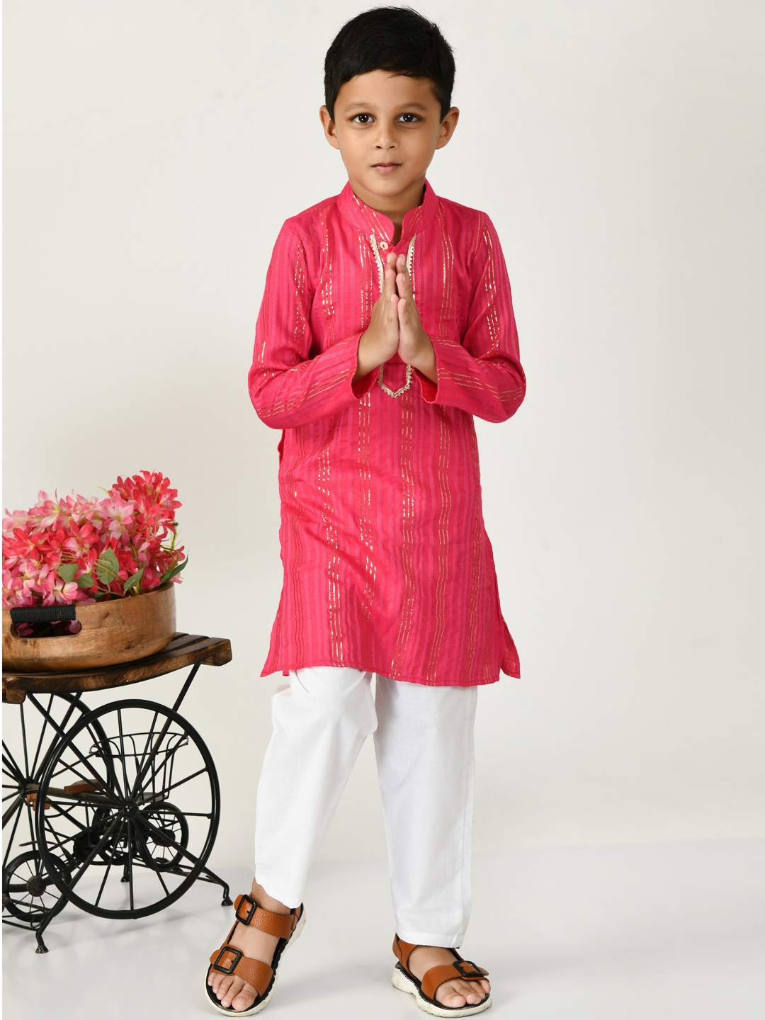

BAESD Boys Striped Pure Cotton Gotta Patti Kurta With Trouser, Pink