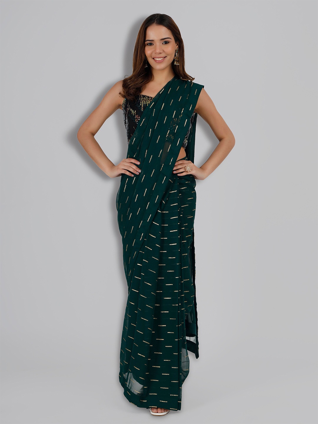 

MILU MADAN Prestiched & Draped Velcro Fit Free Size Saree with Unstitched Blouse Piece, Green