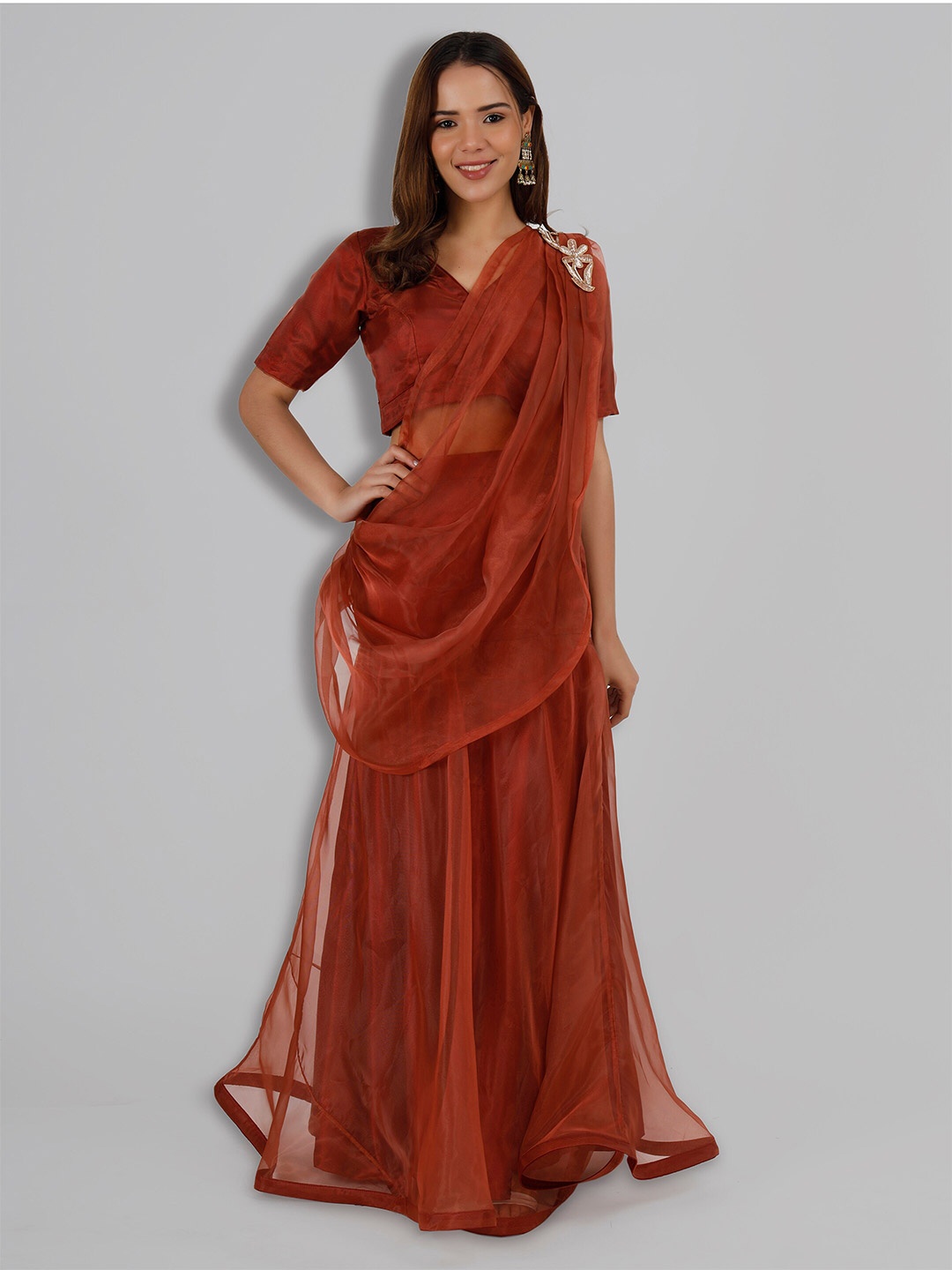 

MILU MADAN Organza Lehenga Saree With Stitched Blouse, Rust