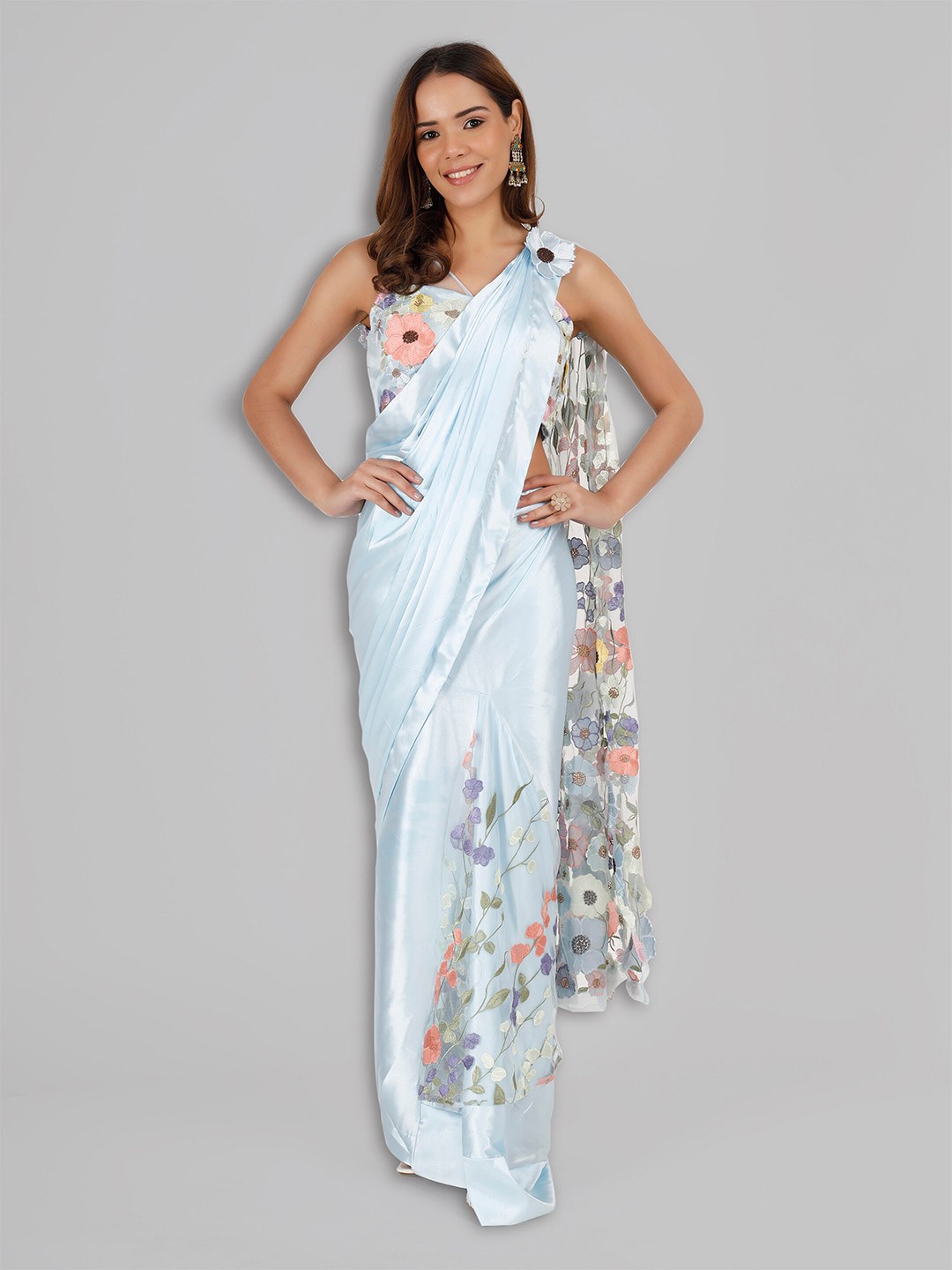 

MILU MADAN Prestiched & Draped Velcro Fit Free Size Saree with Unstitched Blouse Piece, Blue