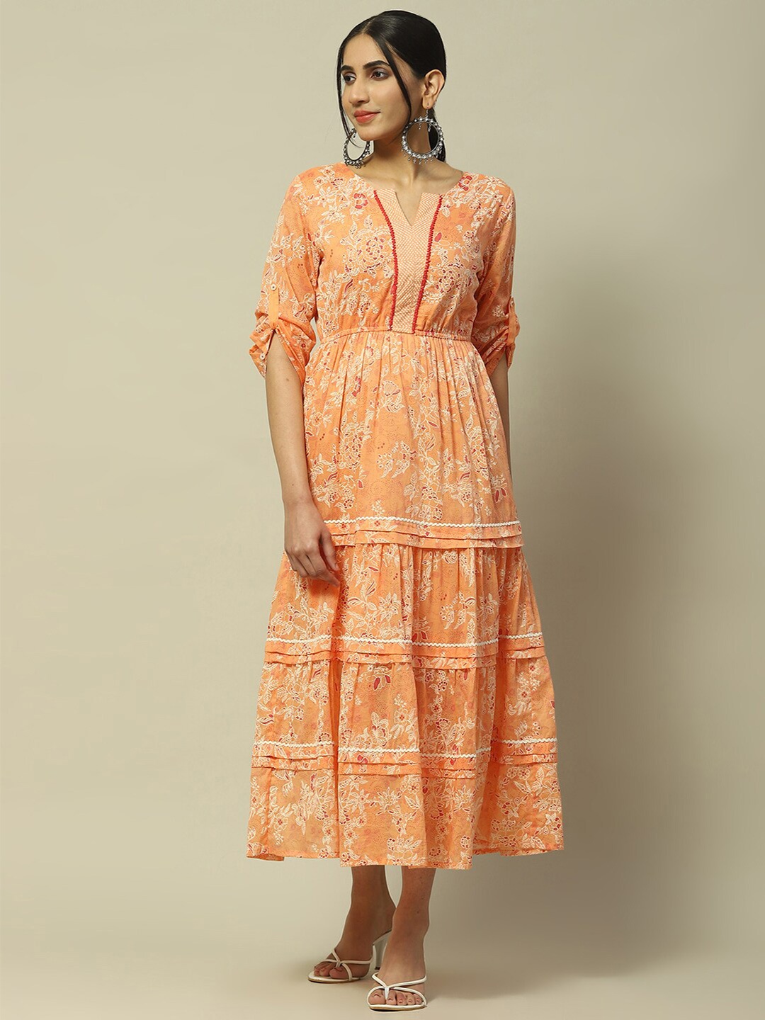 

Rangriti Floral Printed Cotton Fit & Flare Midi Dress, Peach
