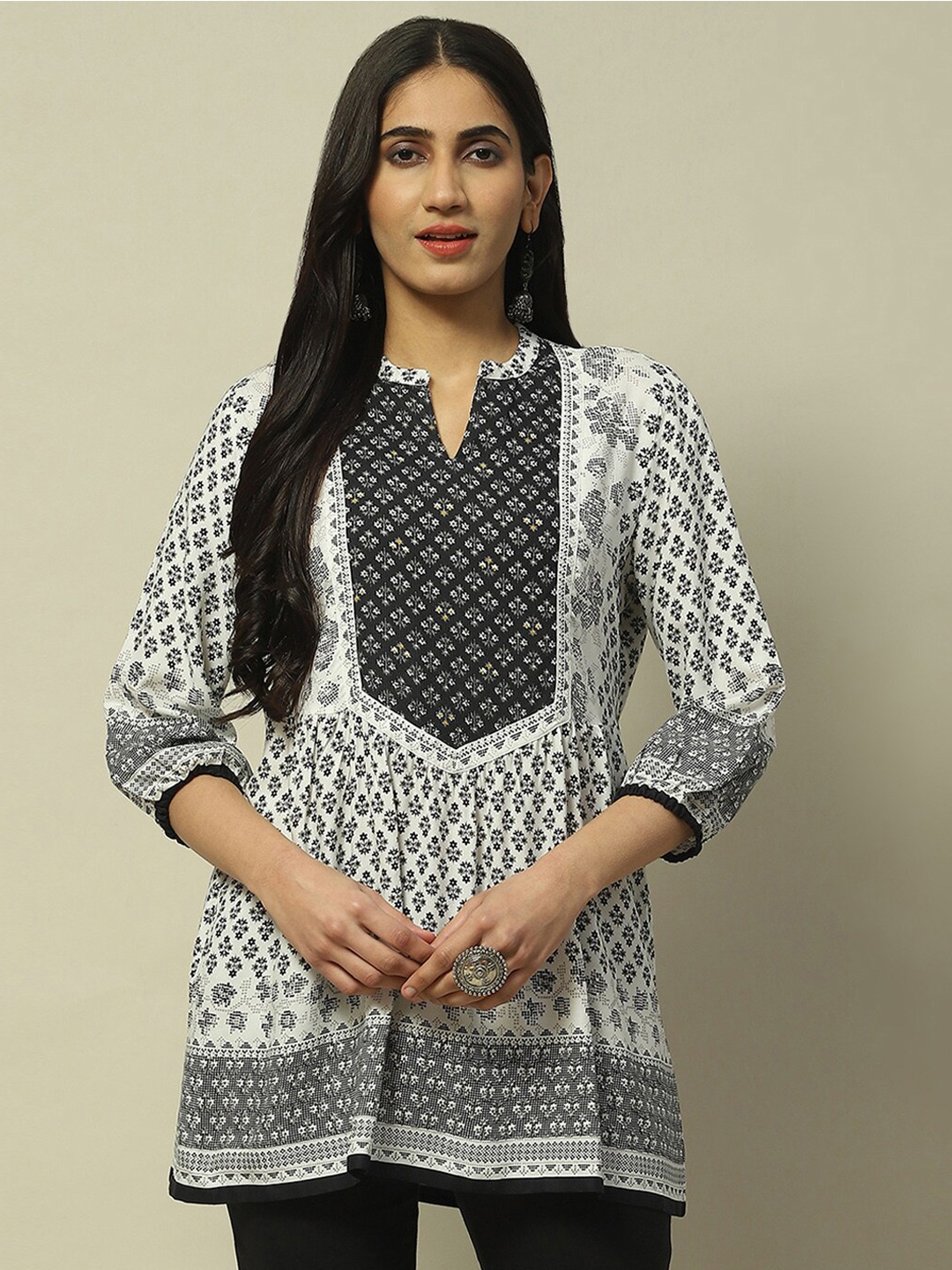 

Rangriti Print Mandarin Collar Puff Sleeve Top, Black
