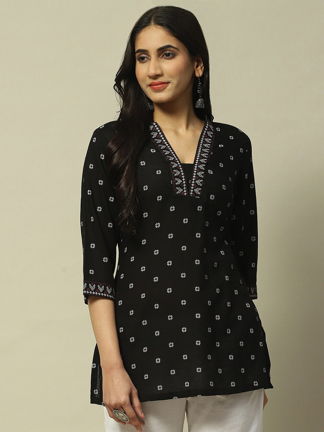 

Rangriti Ethnic Motifs Printed V-Neck Top, Black