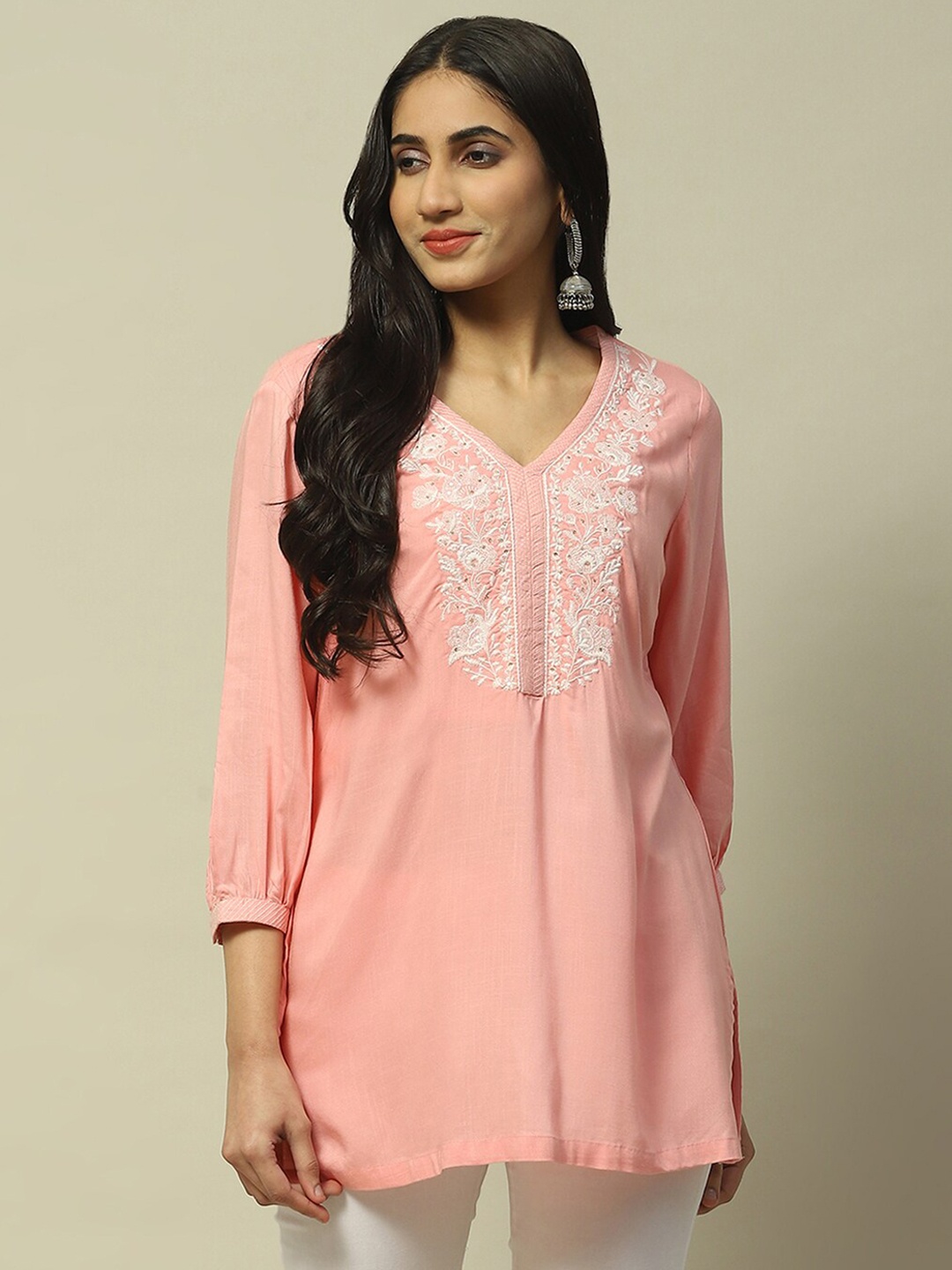 

Rangriti V Neck Embellished Top, Pink