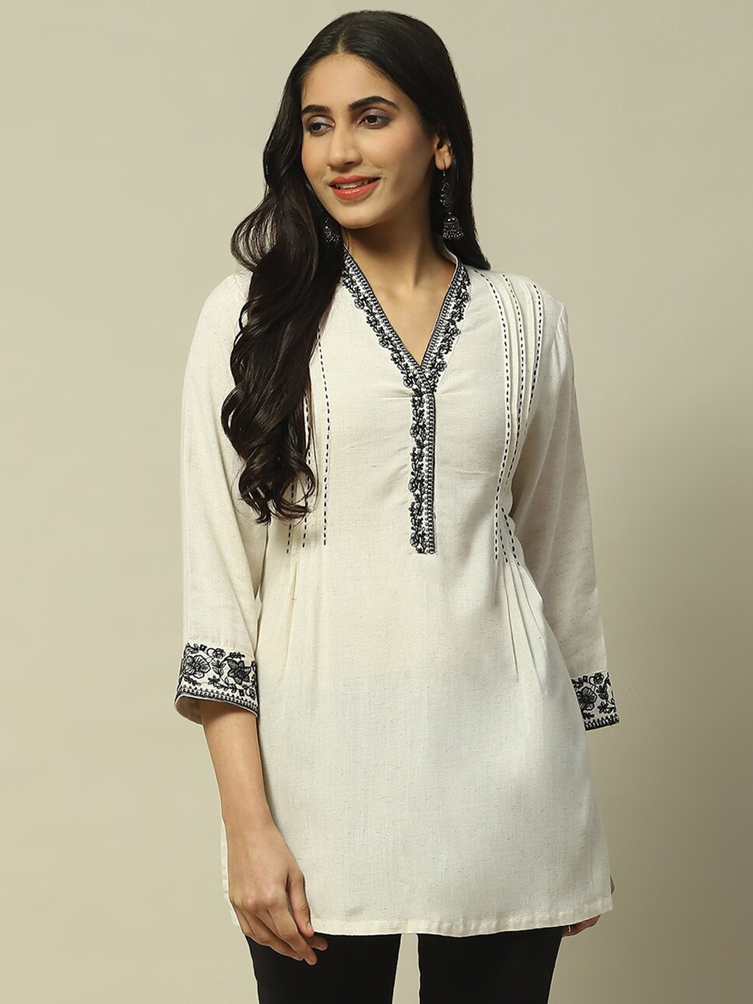 

Rangriti Embroidered V-Neck Thread Work Straigth Kurti, Beige