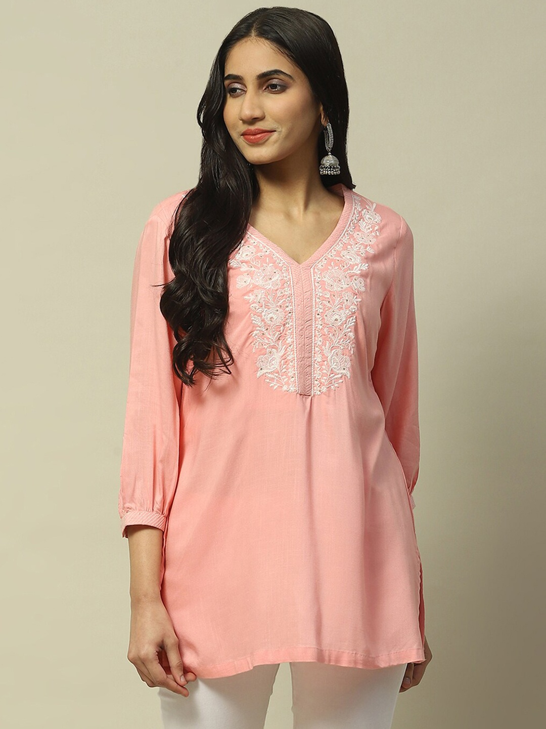 

Rangriti Floral Embroidered V-Neck Top, Pink