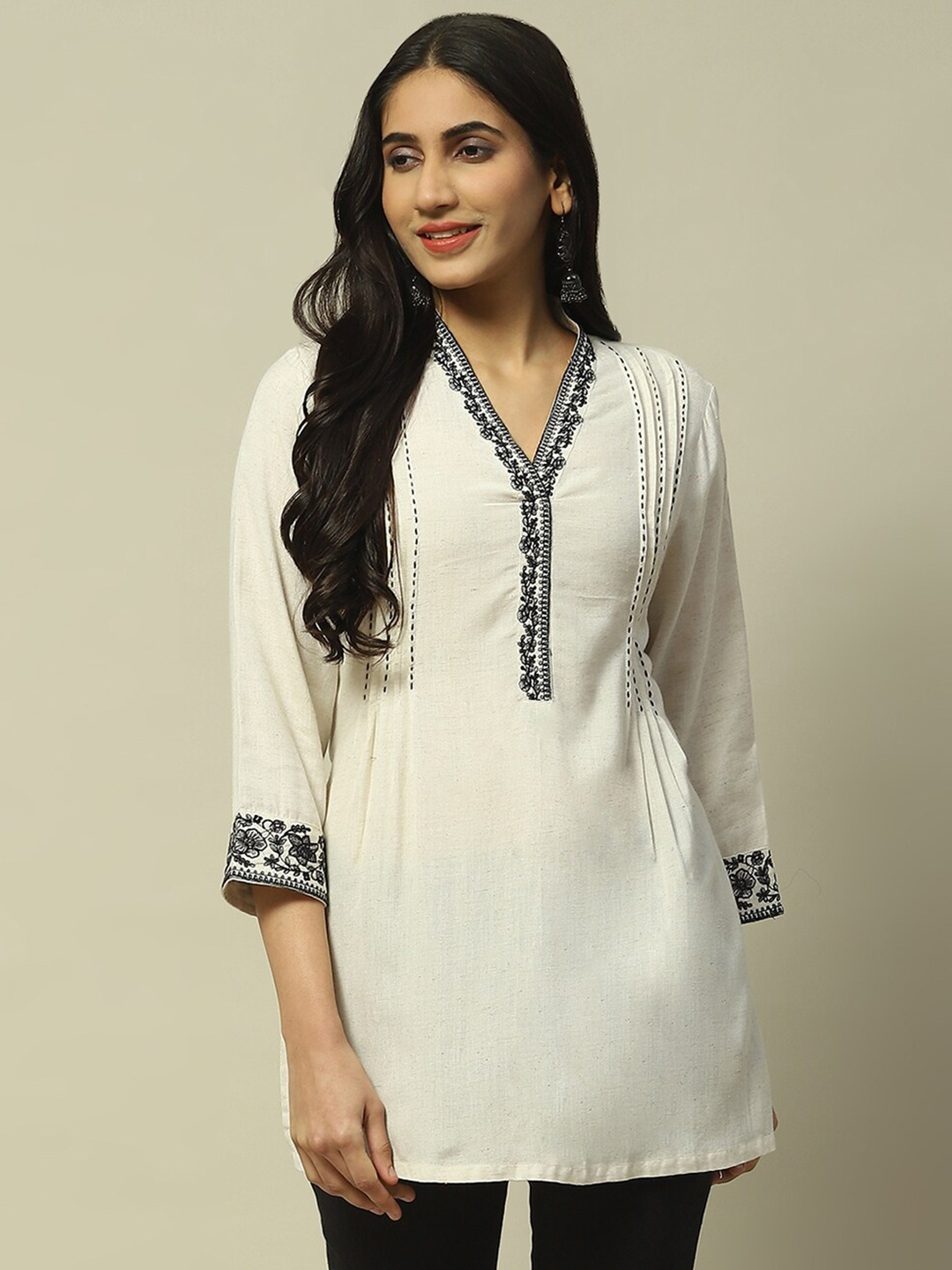 

Rangriti V-Neck Straight Kurtis, Beige