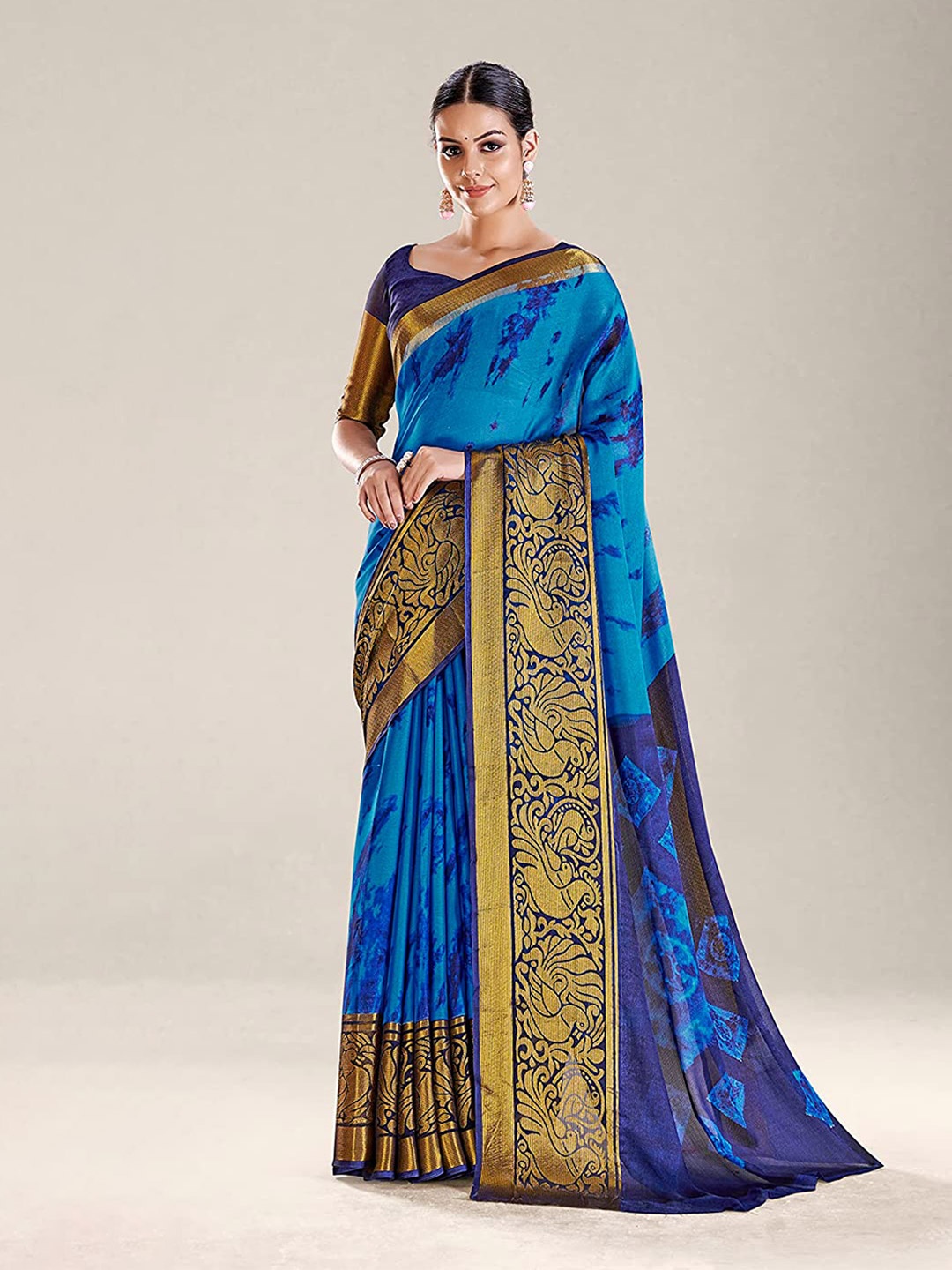 

KALINI Tie and Dye Zari Pure Chiffon Saree, Blue
