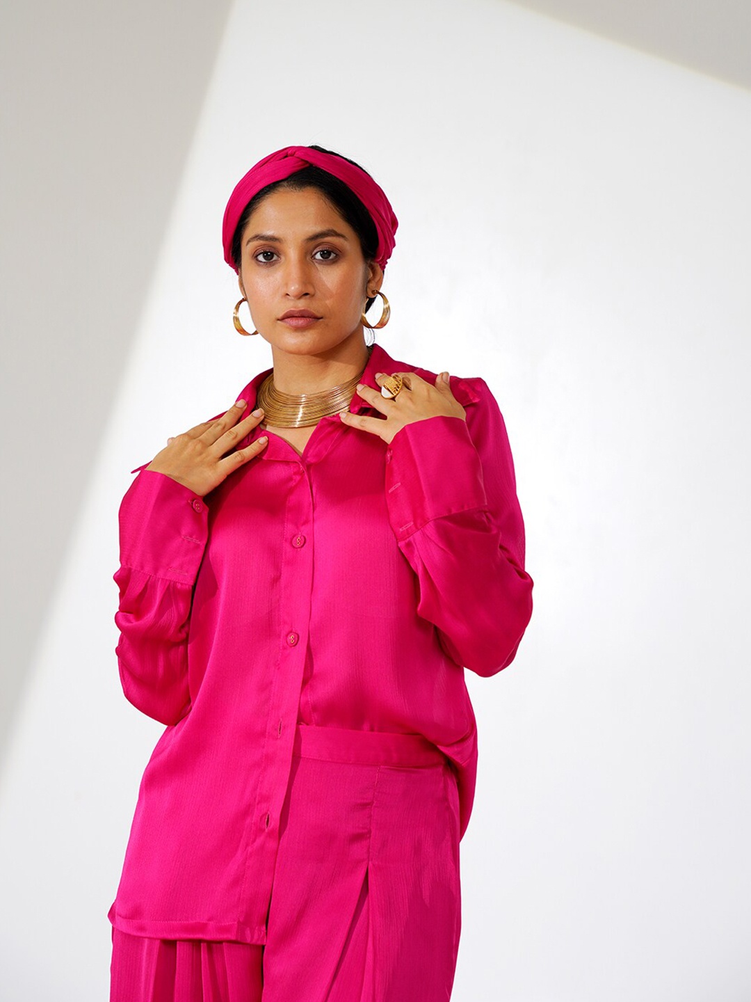 

indy Raaga Cuffed Sleeves Chiffon Longline Shirt Style Top, Fuchsia