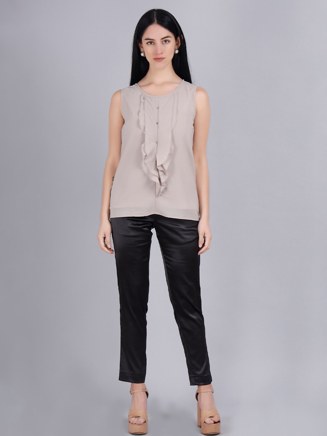 

indy Raaga Sleeveless Ruffles Georgette Top, Grey
