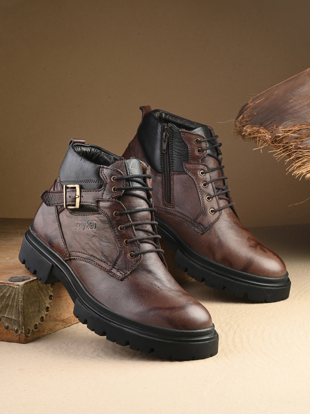 

SPYKAR Men Textured Leather Mid-Top Regular Boots, Brown