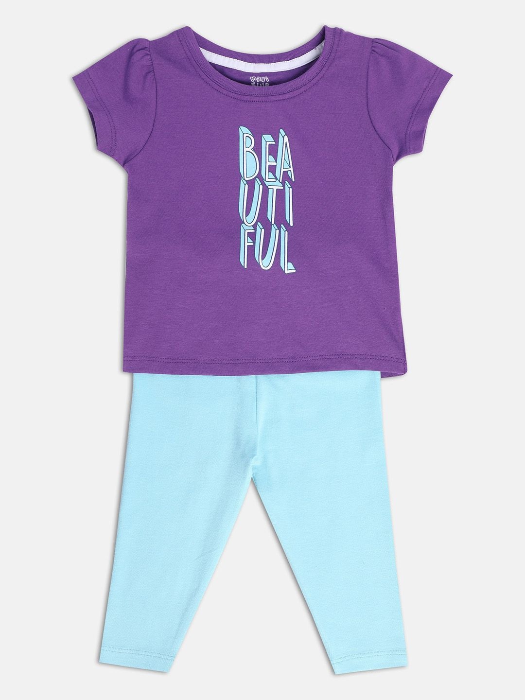 

MINI KLUB Girls Typography Printed Pure Cotton T-shirt with Trousers, Purple