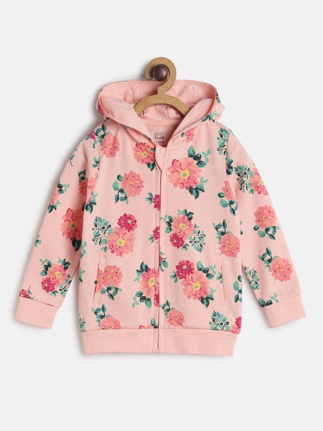 MINI KLUB Girls Floral Printed Hooded Lightweight Cotton Bomber Jacket, Pink
