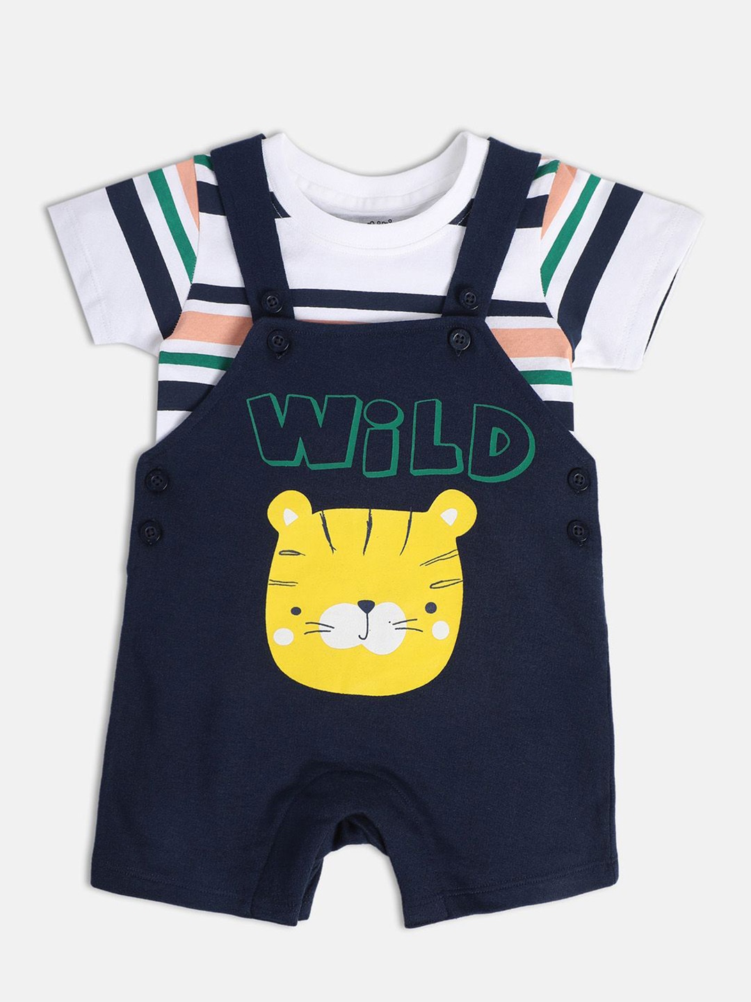 

MINI KLUB Boys Striped Pure Cotton Dungaree With T-shirt, Navy blue