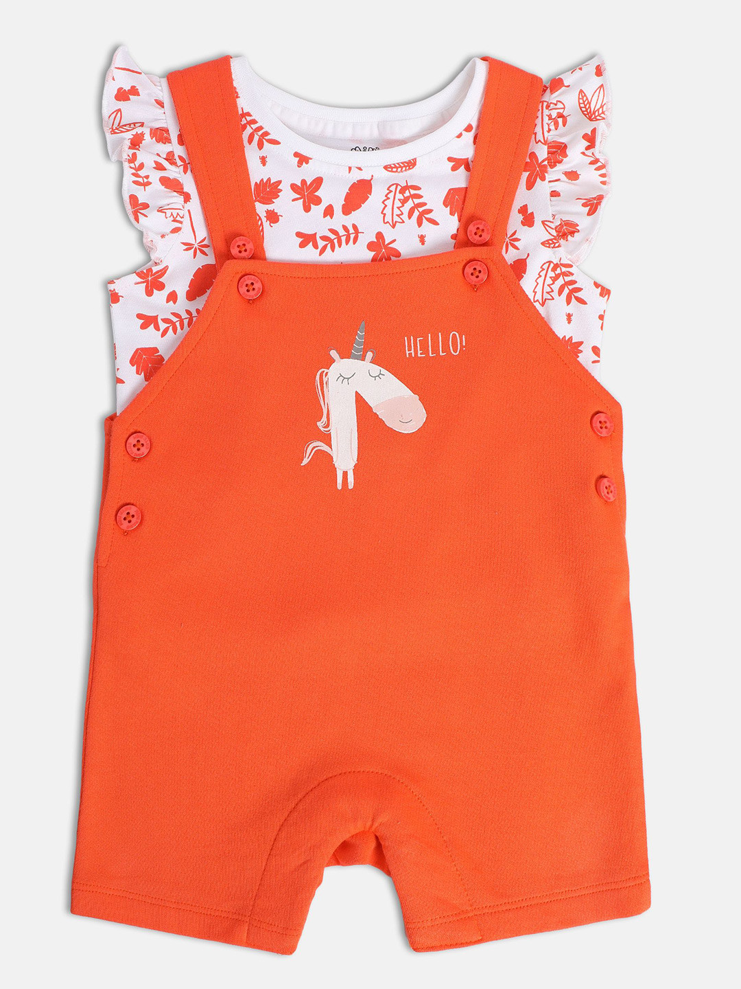 

MINI KLUB Infant Girls Printed Pure Cotton T-shirt with Dungarees, Orange