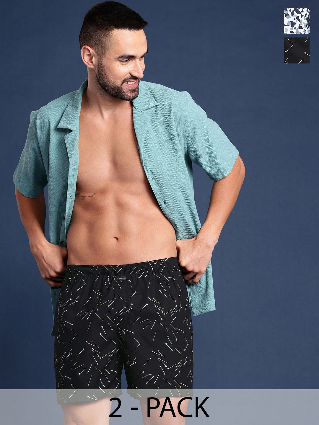 

Mast & Harbour Men Set of 2 Printed Pure Cotton Boxers, Black