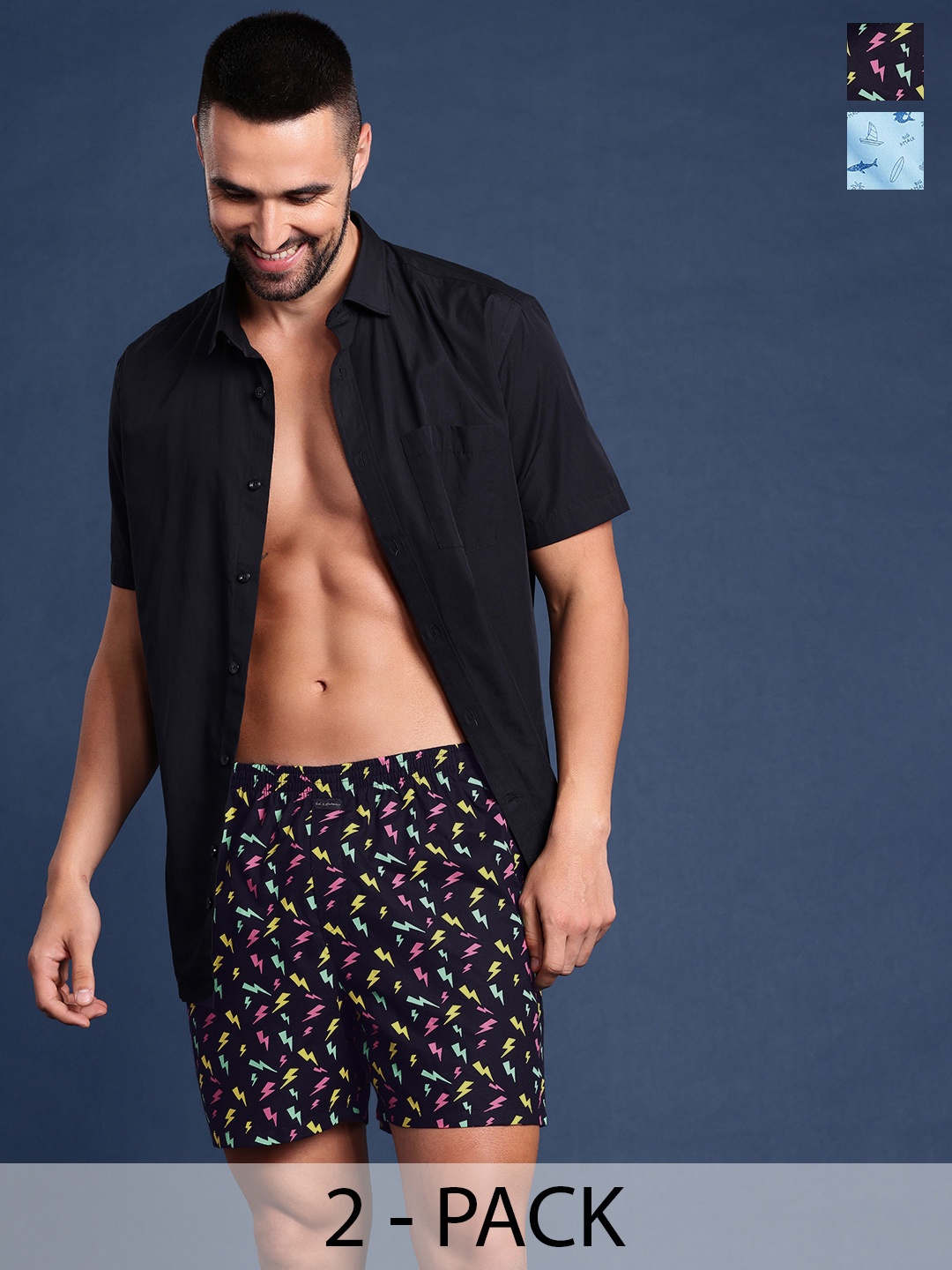 

Mast & Harbour Men Set of 2 Printed Pure Cotton Boxers, Black